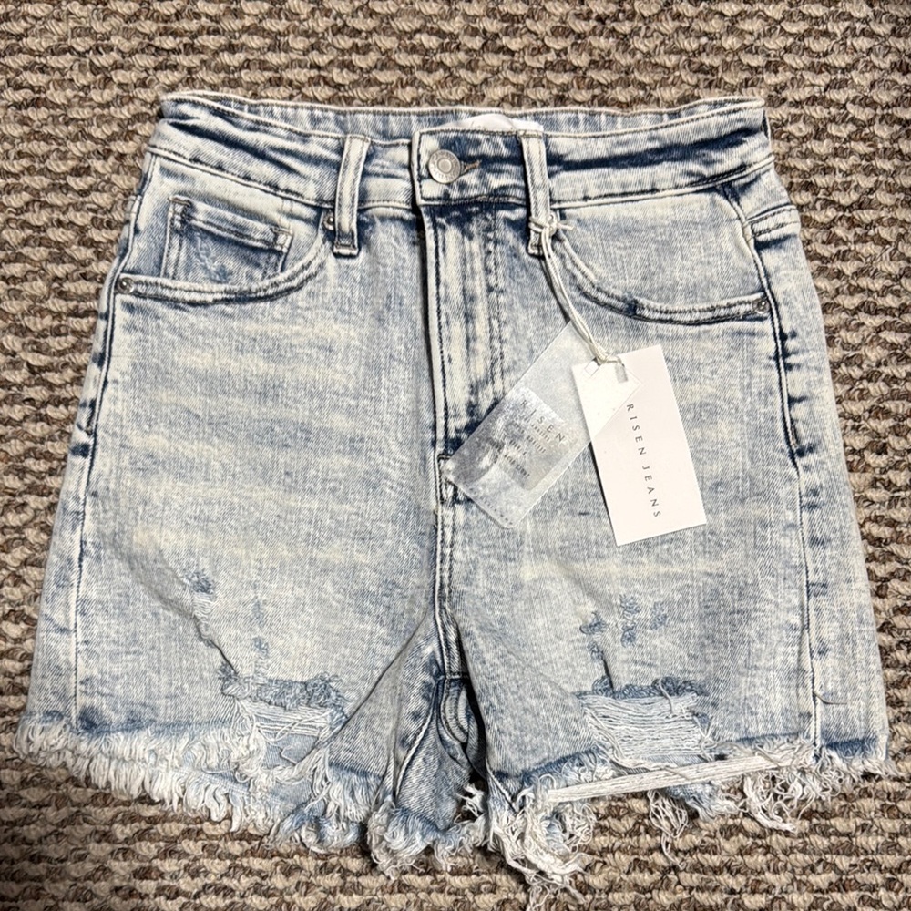 Blue Jean Shorts with Vintage Distressing and Frayed Hem